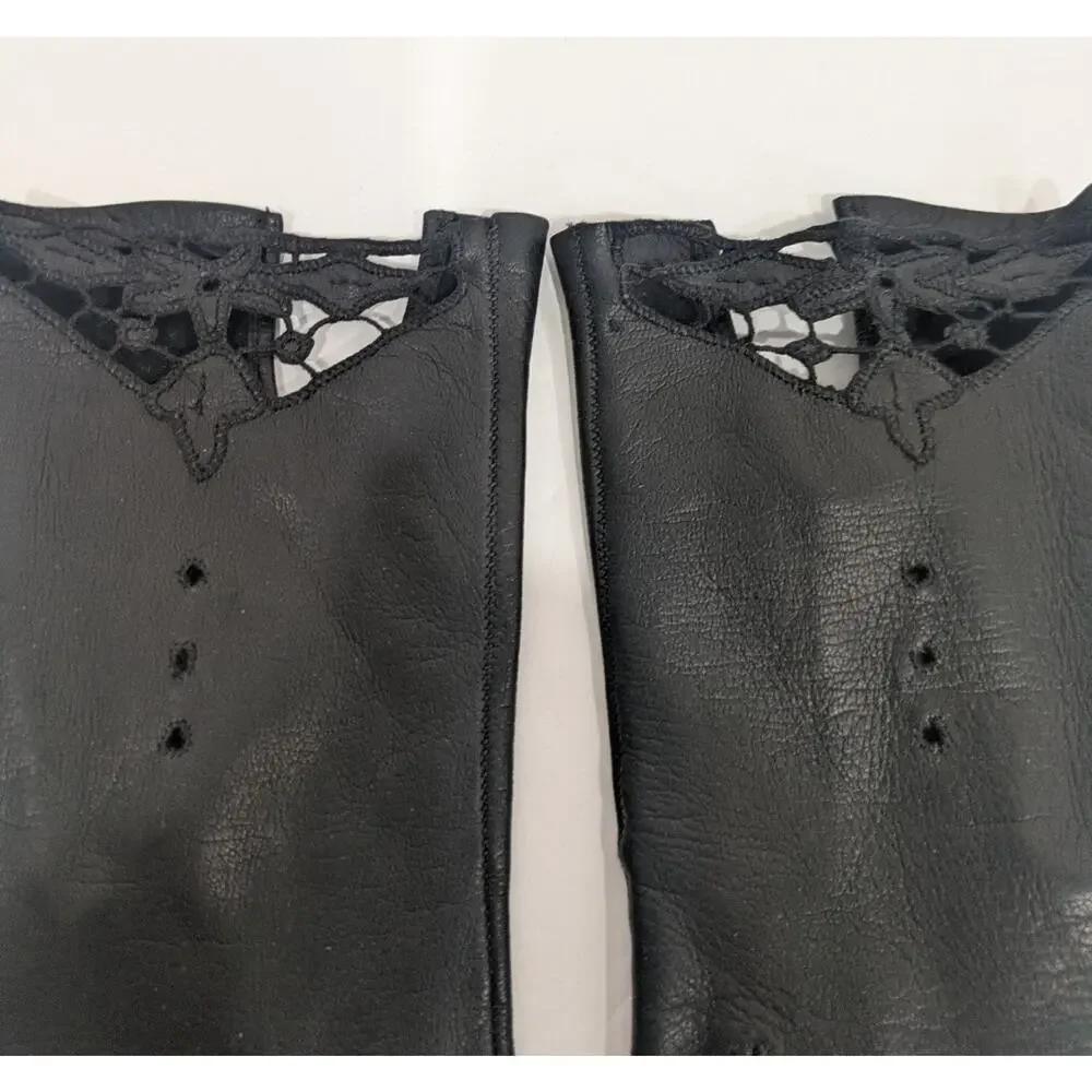 Vintage 1950s Black Soft Kidskin Leather Gloves Crochet Lace Inset Cutout Wrist